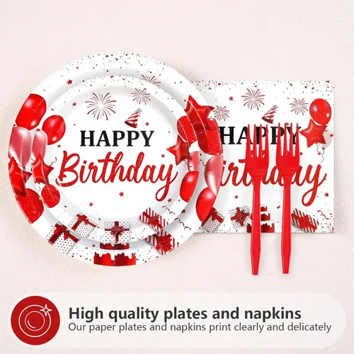 Miniatura 2 de 96 piezas de decoraciones de fiesta de cumpleaños rojo y blanco con platos y servilletas de feliz cumpleaños, juegos de vajilla de globos