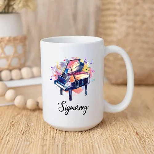 Miniatura 3 de Taza de café blanca con nombre personalizado para reproductor de piano, 11 y 15 onzas, taza de café con instrumento musical de piano, regalos