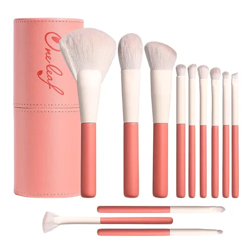 Oneleaf Juego de 12 brochas de maquillaje de cerdas sintéticas de primera calidad, base Kabuki, mezcla de polvo facial, colorete, correctores,
