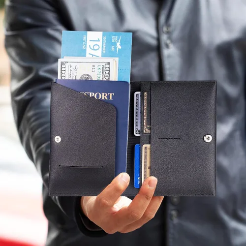 Miniatura 6 de Funda para pasaporte para pasaporte de viaje para mujer, cartera de viaje esencial para hombres y familia. Marrón y negro