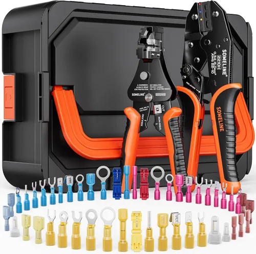 Miniatura 11 de SOMELINE - Herramienta de crimpado para kit de conectores termorretráctiles, con conectores termorretráctiles de extremo calibre 22-10 de grado