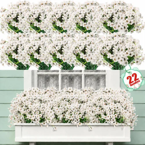 Miniatura 10 de Paquete de 22 flores artificiales para exteriores, flores sintéticas resistentes a los rayos UV con plantas de plástico, flores de seda sintética