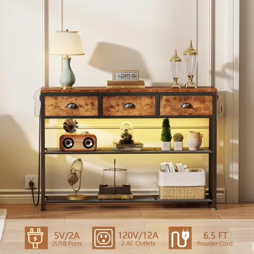 Miniatura 3 de Furologee - Mesa de consola con estación de carga y 3 cajones de tela, mesa de entrada de 38 pulgadas con estantes de almacenamiento y luz LED