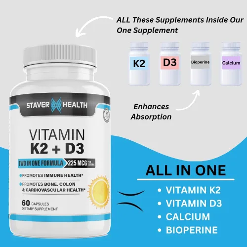 Miniatura 4 de Vitamina K2 D3 con calcio y bioperina, vitamina K2 (MK7) con suplemento D3 sin OMG, vitamina D3, vitamina K2 MK-7 fácil de tragar vitamina D