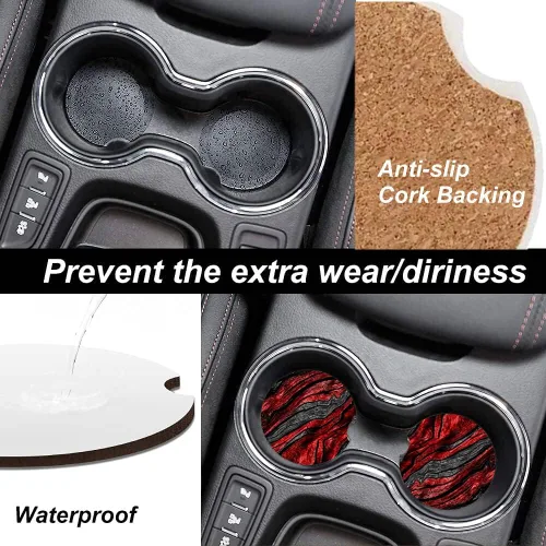 Miniatura 3 de Portavasos de cerámica de grano de madera negra y roja para mujeres/hombres, portavasos absorbentes para automóvil con muesca de dedo de 2.56