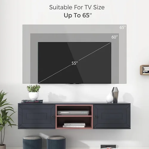 Miniatura 2 de YardGo Soporte flotante de TV para televisores de hasta 65 pulgadas, armario de TV montado en la pared con 2 puertas magnéticas y 2 estantes