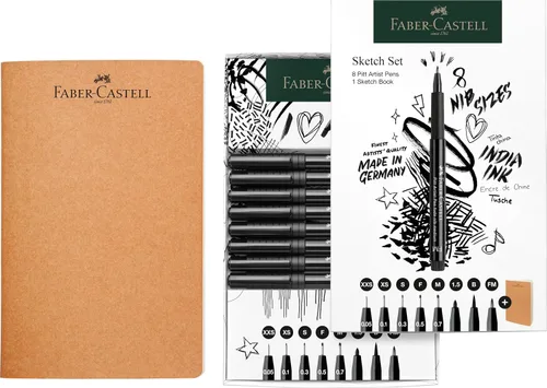 Faber-Castell 267102 Juego de bocetos de 9 piezas con cuaderno de bocetos y bolígrafos de tinta Pitt Artist Pen