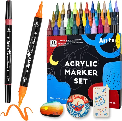 Miniatura 2 de Arrtx Bolígrafos de pintura acrílica, punta de pincel de 32 colores y punta fina (punta doble), juego de pintura de acuarela MeiLiang, 36