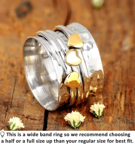 Miniatura 3 de Boho-Magic Anillo giratorio para mujer de plata de ley 925 con corazones de latón y bandas antiestrés