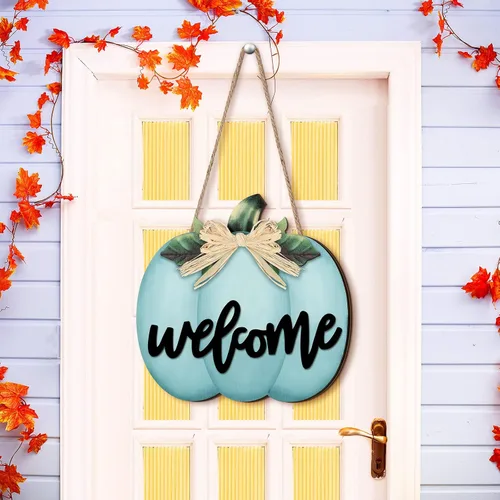 Miniatura 6 de Jetec Letrero de bienvenida de calabaza de otoño, colgante de puerta de Acción de Gracias, decoración de calabaza de madera, letrero colgante