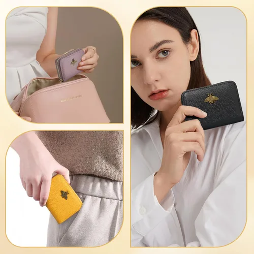 Miniatura 5 de WOZEAH Billetera pequeña para mujeres con bloqueo RFID, cartera para tarjetas de crédito, cartera de acordeón de cuero con cremallera, Negro