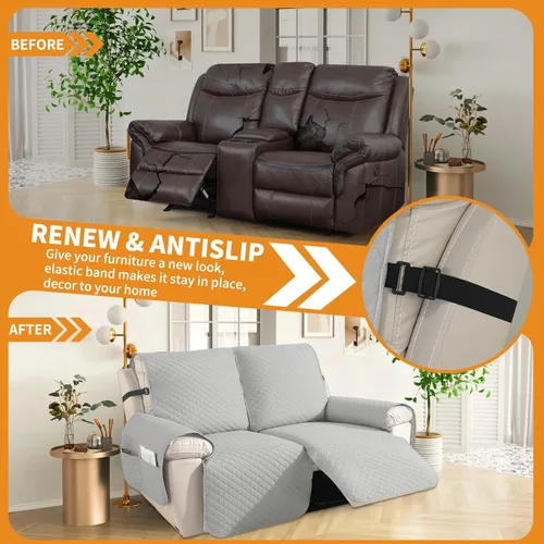 Miniatura 4 de XINEAGE Funda para Reclinable Resistente al Agua, Fundas para Reclinable Loveseat de 2 Asientos con Bolsillos, Funda Protectora para Reclinable Gris