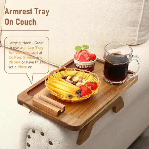 Miniatura 2 de SINWANT Mesa de Brazo para Sofá, Mesas de Reposabrazos de Sofá de Madera de Acacia, Mesa de Reposabrazos de Sofá con Soporte para Teléfono de 360°