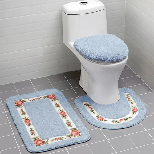 Miniatura 2 de Drydiet Juego de 3 alfombras de baño con rosas y flores, decoración de habitación, alfombra de baño floral en forma de U, antideslizante, Azul