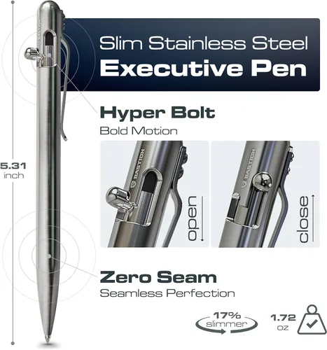 Miniatura 2 de BASTION® Bolígrafo Bolt Action Delgado de Lujo, Bolígrafo EDC Duradero con Punta Fina, Bolígrafo Profesional para Escuela y Trabajo - Acero Acero