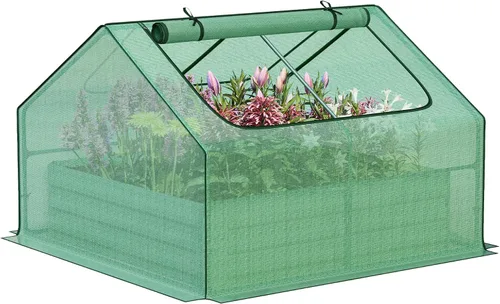 Miniatura 8 de Aoodor Kit de invernadero elevado de 4 pies x 2 pies x 1 pie con cama metálica elevada con 2 puertas enrollables con cremallera, para verduras, Verde