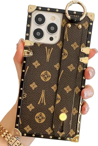 Miniatura 17 de Funda rectangular de cuero compatible con 11 con correa para muñeca, funda de diseñador de lujo para mujeres y niñas, funda protectora con soporte