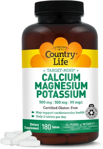 Country Life Target Mins - Suplemento de calcio, magnesio y potasio para la salud de los huesos y el corazón, 1000 mg de calcio, 500 mg de magnesio,