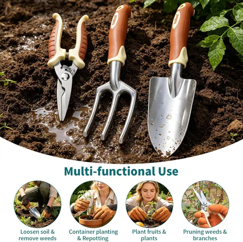 Miniatura 6 de Juego de herramientas de jardín de 4 piezas, mango ergonómico, kit de herramientas de jardín con paleta resistente, tenedor de mano, tijeras