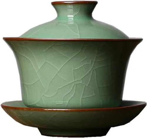 Gaiwan - Juego de tazas de té de Kung Fu con tapa, juego de taza de té y platillo de 5 onzas, celadón chino de porcelana esmaltada (grieta verde