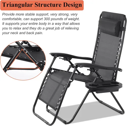 Miniatura 5 de Silla de gravedad cero plegable, silla de césped, silla reclinable ajustable para acampar con bandejas para almohada y soporte para tazas, silla