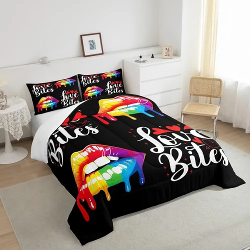 Miniatura 4 de Manfei Juego de edredón de labios arcoíris, tamaño individual, colorido juego de ropa de cama sexy de 2 piezas para niños, niñas, adolescentes
