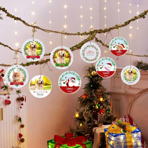 Miniatura 5 de Adornos de Navidad Personalizados 2025, Adorno de Navidad Personalizado de Doble Lado, Adorno Redondo de Cerámica con Foto, Decoraciones del Árbol