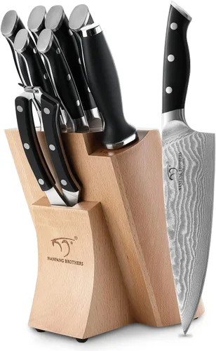 NANFANG BROTHERS Juego de cuchillos de cocina de Damasco de 9 piezas con bloque, mango ergonómico ABS para juego de cuchillos de chef, afilador de