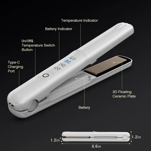 Miniatura 7 de Plancha y rizador de pelo inalámbrico, mini plancha plana y rizadora portátil 2 en 1, calentamiento rápido y placa de titanio con 4 temperaturas