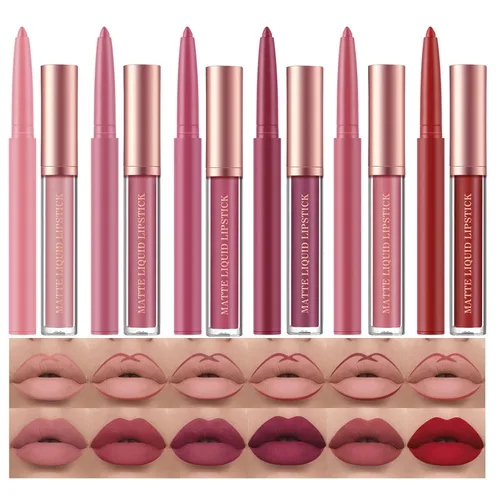 BestLand Juego de 12 Labiales Líquidos Mate + Lápices Delineadores de Labios, Juego de Maquillaje de Labios de Un Solo Paso, Pigmento Aterciopelado