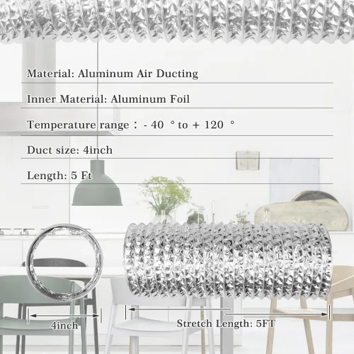 Miniatura 2 de Omont Manguera de ventilación para secadora de 4 pulgadas, 5 pies, tubo de conducto de aire flexible con aislamiento de aluminio, kit de manguera