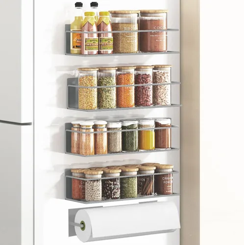 Estante magnético para especias para refrigerador, estante magnético que ahorra espacio para nevera, paquete de 4 unidades, con soporte magnético