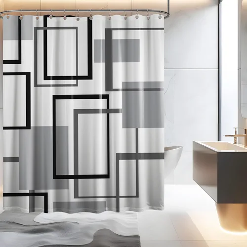 Miniatura 56 de Cortina de Ducha en Blanco y Negro Geométrica Cortinas de Ducha para Decoración de Baños de Hombres Juego de Cortina de Baño en Negro Blanco y Gris