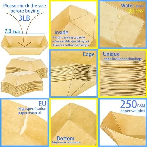 Miniatura 3 de Paquete de 50 bandejas de papel desechables de 3 libras, bandeja de papel kraft grande de alta resistencia, cuencos para aperitivos, palomitas