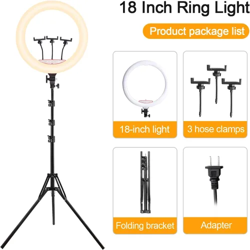 Miniatura 7 de Anillo de luz de 18 pulgadas con soporte de trípode, luz circular LED regulable de 58 W 5500 K para TikTok/Live Stream/Maquillaje/YouTube con bolsa