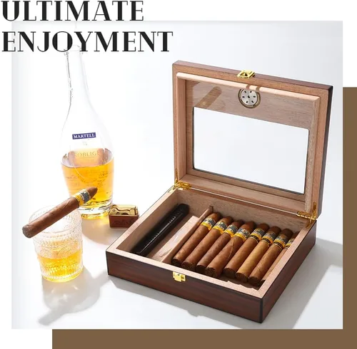 Miniatura 2 de Bald Eagle Humidor de puros, caja superior de vidrio con higrómetro humidificador, caja de madera de cedro de escritorio hecha a mano con capacidad