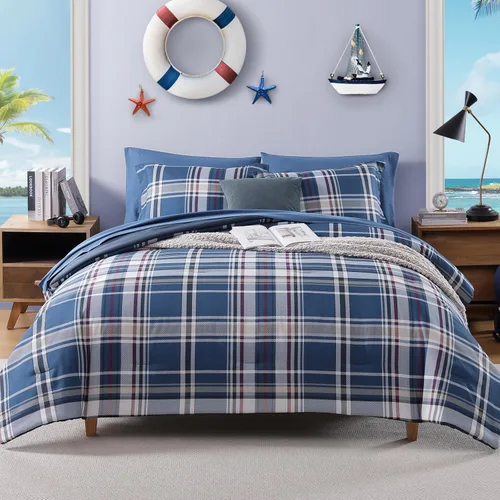Miniatura 13 de AMBERSPACE Juego de edredón tamaño matrimonial, juego de ropa de cama a cuadros azul gris de 7 piezas para niños, niñas y adolescentes, juego