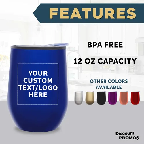 Miniatura 2 de DISCOUNT PROMOS Vasos de vino personalizados sin tallo de 12 onzas, juego de 6/12/24, paquete a granel personalizado, aislados, perfectos para vino