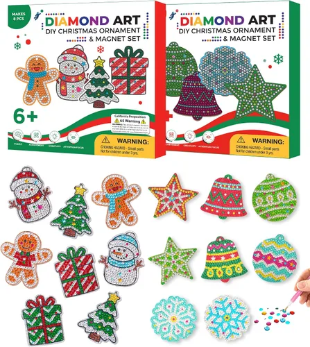 Little Jupiter Juego de adornos de Navidad con imán y diamantes para niños, 16 piezas, manualidades de Navidad para niños, kits de adornos de Navidad