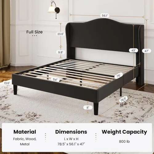 Miniatura 2 de SHA CERLIN Marco de cama de plataforma de terciopelo de tamaño completo con elegante cabecero con respaldo alado, diseño moderno y lujoso, listones
