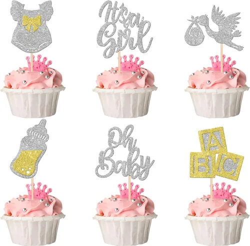 Miniatura 17 de 24 piezas de adornos para cupcakes para bebé niño con purpurina luna, estrella, baby shower, revelación de género, cupcakes para celebrar cumpleaños