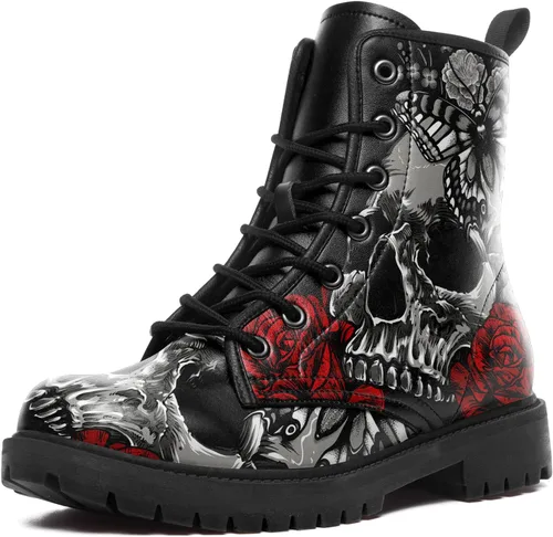 Miniatura 11 de Botas de combate negras personalizadas para mujer, con lazada, estilo cráneo y rosa, botas de tacón grueso y plataforma de cuero