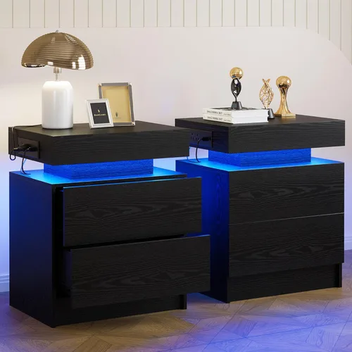 Miniatura 12 de LIKIMIO Mesita de noche con estación de carga, mesita de noche moderna en negro con luz LED y cajones, mesas de cabecera/mesa auxiliar