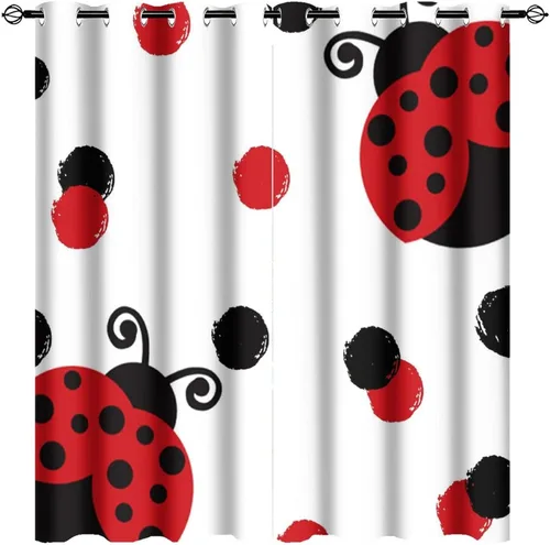 Miniatura 37 de Cortinas opacas de estilo japonés de mariquita de dibujos animados, diseño de eucalipto de mariquita roja y negra, juego de tratamiento de ventana