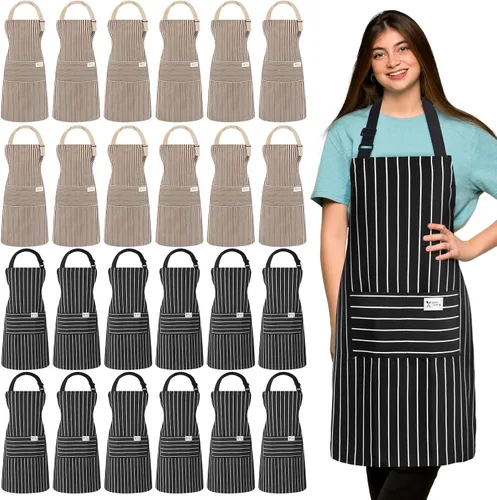 Miniatura 10 de Janmercy 24 delantales para mujeres y hombres con 2 bolsillos, delantal de cocina de lino, delantal ajustable para chef, delantales a granel unisex