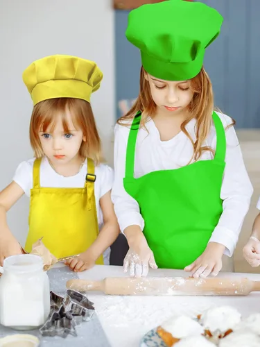 Miniatura 6 de SATINIOR Juego de 8 delantales y sombrero de chef para niños con 2 bolsillos ajustables para niños y niñas, cocinar, hornear, pintar Multicolor
