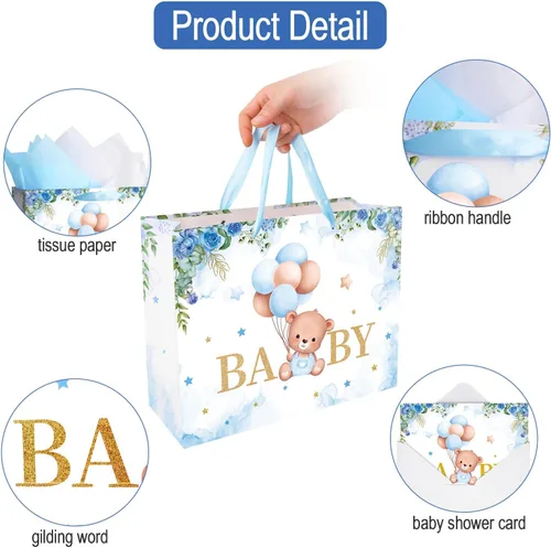 Miniatura 4 de Plauthus Bolsas de regalo grandes para bebé de 13 pulgadas con papel de seda y tarjeta de felicitación (oso de balón y floral), bolsas de regalo