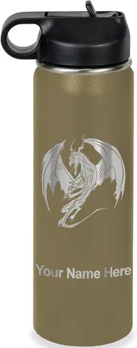 Miniatura 44 de LaserGram Botella de agua con tapa abatible de doble pared de 12 onzas con pajilla, dragón, grabado personalizado incluido (negro)