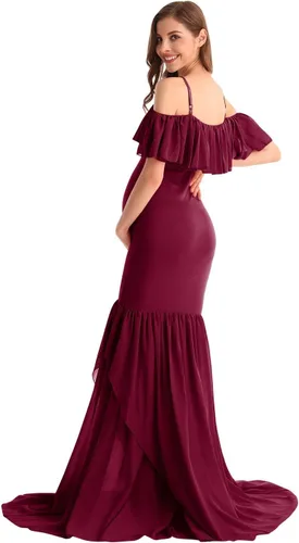 Miniatura 24 de MYRISAM Vestido de maternidad con volantes y hombros descubiertos para mujer, vestido de fiesta de sirena de gasa, vestido ajustado