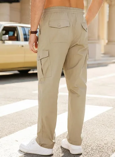 Miniatura 3 de JMIERR Pantalones cargo para hombre, casuales, de algodón, ajuste relajado, cintura elástica, ligeros, con múltiples bolsillos